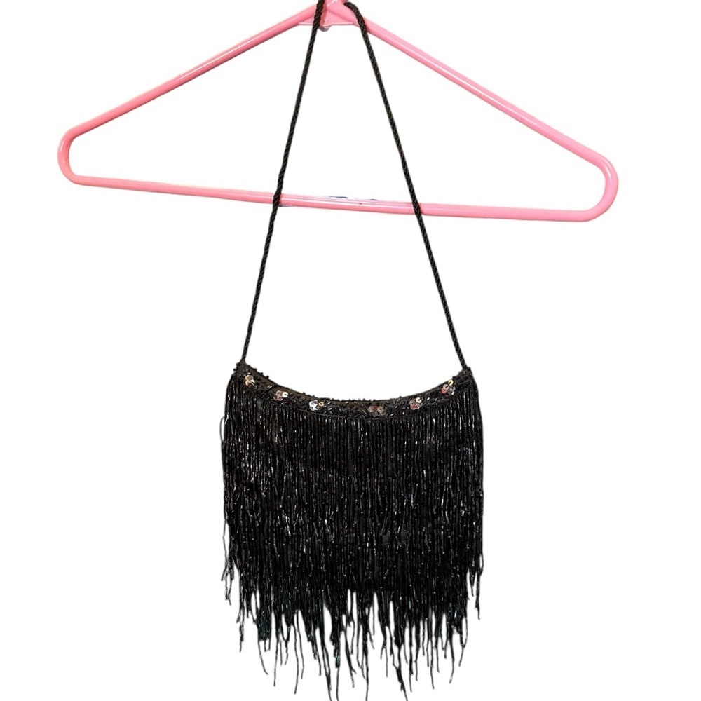 Black Beaded Fringe Crossbody Bag Sequins Vintage - Picture 2 of 7